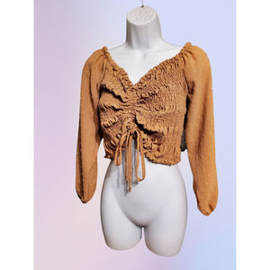 Tan Ruffled Shoulder Crop Top